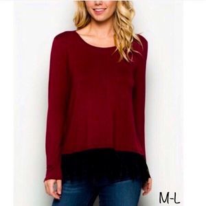 Wine Red Long Sleeve Peplum Top Black Lace Hem Size MED, or LRG